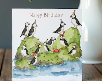 Wildlife watercolor Puffin Birthday Card, Coastal Bird Illustration, Cute Animal Greeting Card for Bird Lovers, Nature-Inspired Art