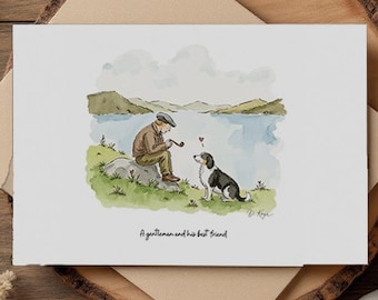 Border Collie Greetings Card: Gentleman and Dog Watercolor Illustration