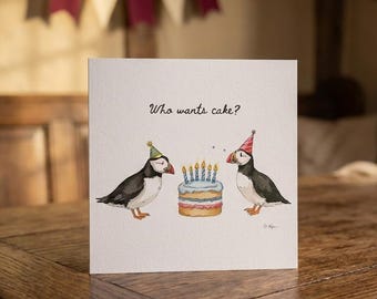 Frailecillo / ¿Quién quiere pastel? / Tarjeta de cumpleaños: Acuarela costera, aves marinas, vida silvestre