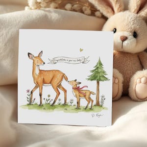 Nieuwe babywenskaart - aquarel illustratie hert en baby