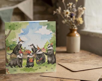 Badger’s Birthday Bash Greetings Card – Cute Woodland Animal hand illustrated Greeting