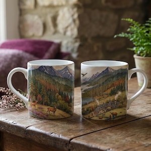 Scotland Mug Watercolour Landscape Illustration of Highlands, Stag & Glen Scottish Countryside Gift, Art, Nature Lover Coffee Cup image 1
