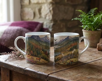 Scotland Mug Watercolour Landscape Illustration of Highlands, Stag & Glen Scottish Countryside Gift, Art, Nature Lover Coffee Cup