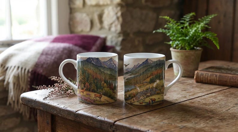 Scotland Mug Watercolour Landscape Illustration of Highlands, Stag & Glen Scottish Countryside Gift, Art, Nature Lover Coffee Cup image 1