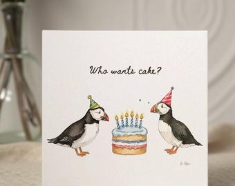 Papegaaiduiker | Wie wil er taart | Verjaardagskaart: aquarel kust, zeevogels, dieren in het wild