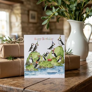 Wildlife watercolor Puffin Birthday Card, Coastal Bird Illustration, Cute Animal Greeting Card for Bird Lovers, Nature-Inspired Art