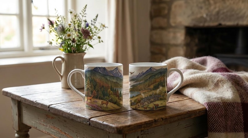 Scotland Mug Watercolour Landscape Illustration of Highlands, Stag & Glen Scottish Countryside Gift, Art, Nature Lover Coffee Cup image 6