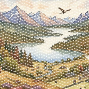 May include: A watercolour landscape print depicting a mountain range, lake, and forest. An eagle flies overhead. Two deer are in the foreground. The image is overlaid with a white zigzag pattern. The artwork evokes a sense of the countryside.