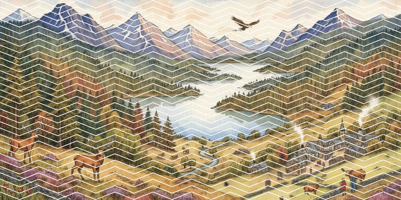 May include: A watercolour landscape print depicting a mountain range, lake, and forest. An eagle flies overhead. Two deer are in the foreground. The image is overlaid with a white zigzag pattern. The artwork evokes a sense of the countryside.