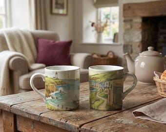 Cornwall Breakfast by the Cove Mug | Landscape Illustration, Cornish Coast Art, Harbour, Beach and Seaside Coffee Cup
