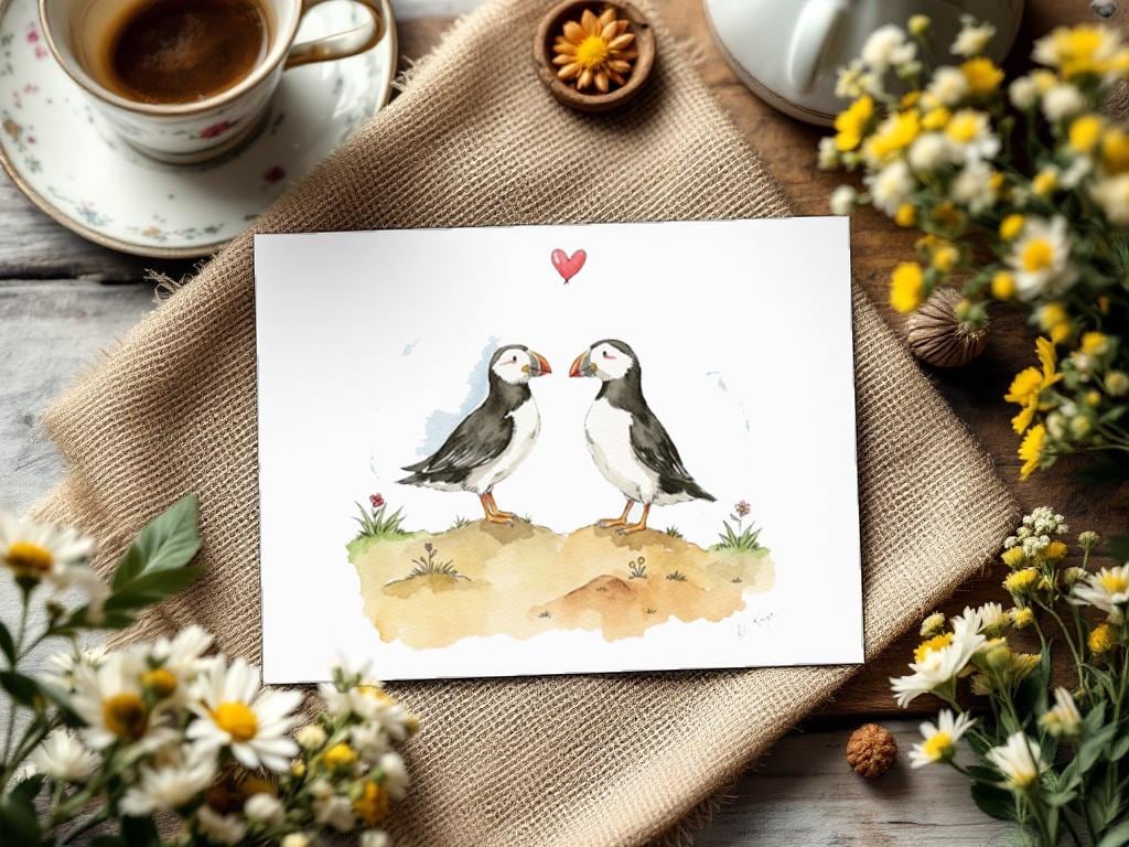 Puffin Couple Watercolor Art| Universal Blank Greetings Card- Romantic Wildlife Illustration