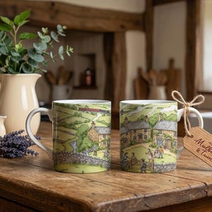 May include: Two ceramic mugs featuring a detailed, colorful illustration of a rural village scene with stone cottages, green hills, and people. One mug has a wooden tag tied to the handle with twine, inscribed with the text Mulberry & Twine.