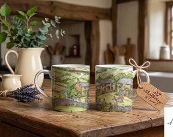 May include: Two ceramic mugs featuring a detailed, colourful illustration of a rural village scene with stone cottages, green hills, and people. One mug has a wooden tag tied to the handle with twine, inscribed with the text Mulberry & Twine.