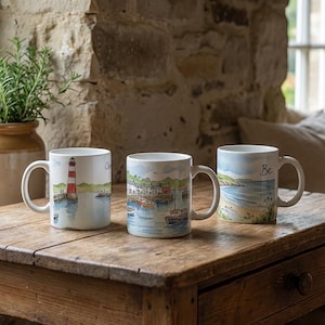 Coastal Mug Set: British Harbour, Lighthouse, Seaside Watercolor Art