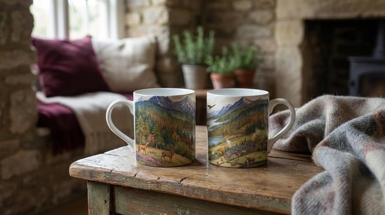 Scotland Mug Watercolour Landscape Illustration of Highlands, Stag & Glen Scottish Countryside Gift, Art, Nature Lover Coffee Cup image 5