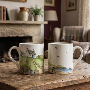 Beach Detecting Mug: Scottish Watercolour Art, Coastal Cottage Scene