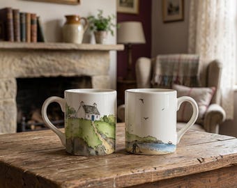 Beach Detecting Mug: Scottish Watercolour Art, Coastal Cottage Scene