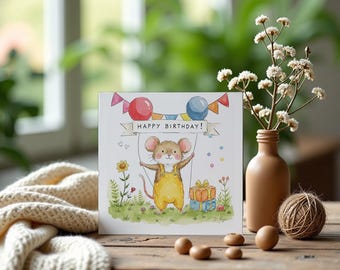 Watercolor Mouse Birthday Card: Wildlife Art, Hand-Illustrated