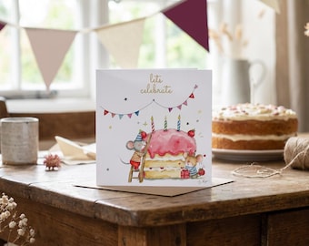 Tarjeta de cumpleaños de ratones: saludos de vida silvestre ilustrados a mano en acuarela
