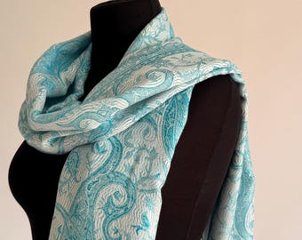 Handgewebter Pashmina Seidenschal: Weiß & Blau