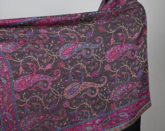 Dark Brown Shawl with Vibrant Paisley in Fuchsia, Purple, Turquoise and Gold