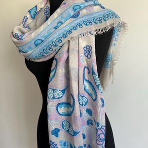 Beige Floral Embroidered Pashmina Shawl – Soft Wool Wrap with Blue & Pink Boho Patterns | Lightweight Winter Scarf for Women
