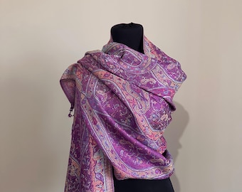 Orientalischer Pashmina Schal aus Lila, Orange & Floral - Weiche Wolle-Mischung