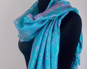 Aqua Blue and Purple Floral Shawl, Oversized Scarf, Chic Women&#39;s Accessory
