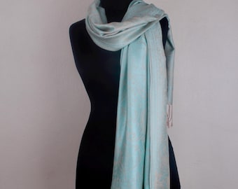 Water Blue and Gold Handmade Pashmina Scarf - Goes with Everything!