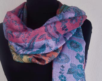 Pashmina Schal: Handgewebte Blumen lila rot beige Wollmischung