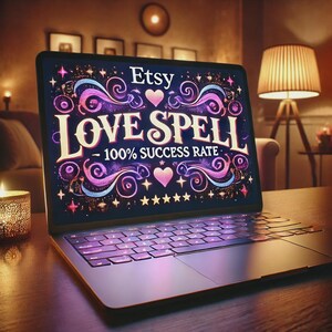 May include: A laptop displays the words "Love Spell" with "Etsy" at the top and "100% Success Rate" at the bottom. The screen features a design with hearts, swirls, and stars. The keyboard glows with purple light.