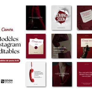 Modèles de posts Instagram, template Canva féminin, feed Instagram esthétique, publication rouge et élégante, design minimaliste