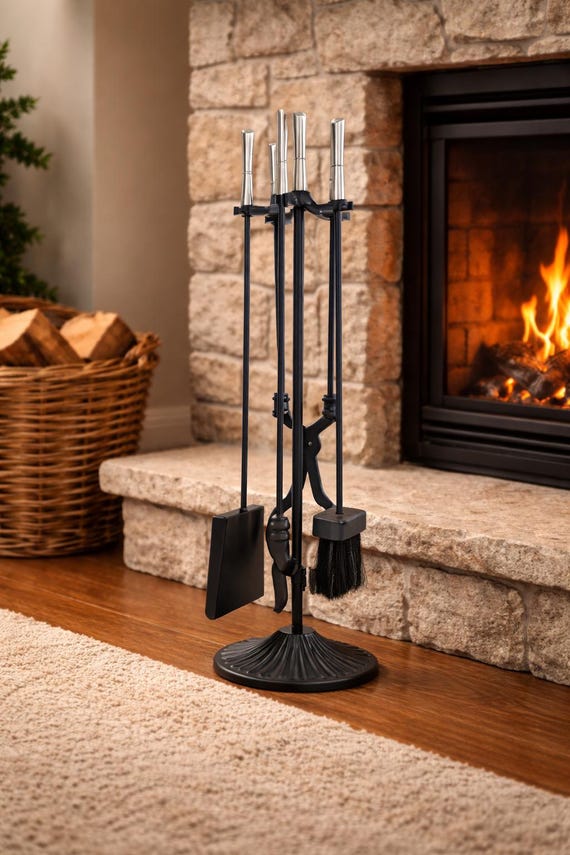 5-Piece Black Wrought Iron Fireplace Tool Set - Poker, Tongs, Shovel, Brush & Stand For Fireplace Maintenance