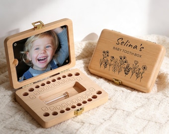 Personalized Tooth Fairy Box for Girls & Boys, Photo Wooden Tooth Keepsake Box, Lost Teeth Storage for Kids, Christening Gifts, Baby Shower