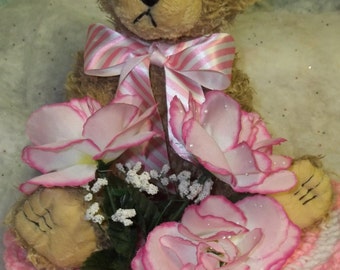 Highly Scented WAX DIPPED BEAR Decorated With Silk Flowers, Ribbon and Seated on Hand Crocheted Doily - Your Choice of Fragrance and Color