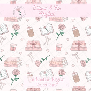 Bookish Romance Seamless Pattern PNG – Sweet Pastel Book Lover Design | 300 DPI Digital File for Sublimation & Craft Use