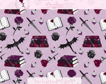 May include: A light purple pattern featuring illustrations of books, roses, daggers, potion bottles, cauldrons, and dragons. The text "Enchanted Pages: Dark Tales" is displayed at the bottom. The design includes the text "Willow & Co. Crafted".