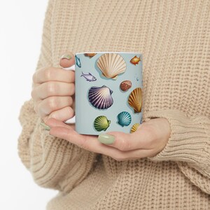 Ocean Life Ceramic Mug, Blue Fish Seashell Coffee Cup, Nautical Beach Theme Tea Mug, Coastal Kitchen Decor, Underwater Sea Creature Cup,