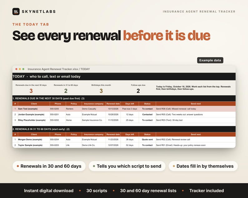 Insurance Agent Renewal Tracker + 30 Scripts (Excel, Google Sheets) image 3