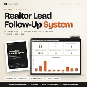 May include: A digital Realtor Lead Follow-Up System featuring 51 ready-to-send scripts and a lead tracker dashboard. The display shows metrics like overdue, due today, and leads by stage in a bar chart. Includes Excel and Google Sheets compatibility.