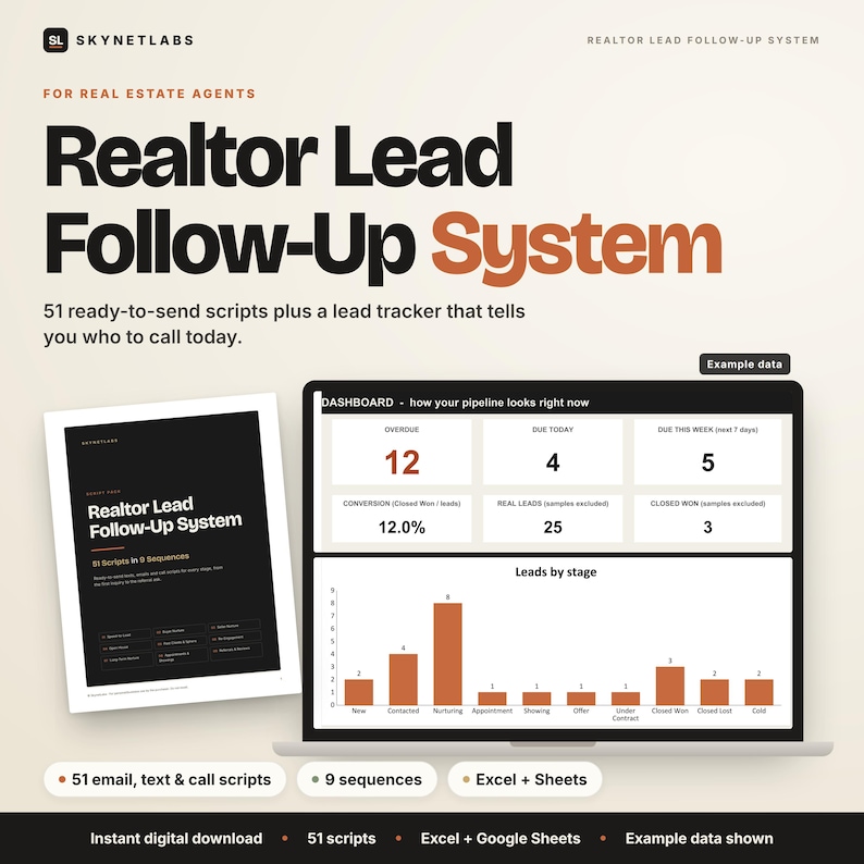 Realtor Lead Follow-Up System cover: 51 scripts plus Excel and Google Sheets lead tracker