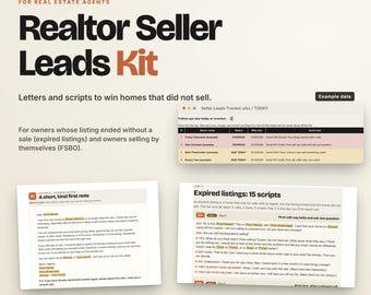 May include: A digital Realtor Seller Leads Kit featuring letters and scripts for expired listings and FSBO properties. Includes a Seller Leads Tracker spreadsheet, a sample letter titled A short, kind first note, and a list of 15 scripts.