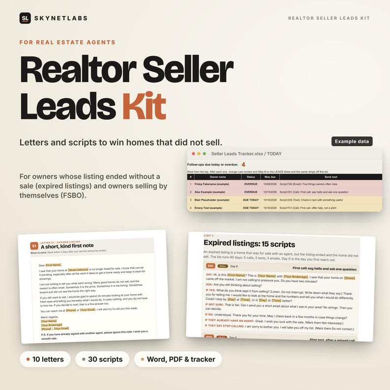 Expired Listing Letter & FSBO Letter Templates, Realtor Seller Lead Scripts + Prospect Tracker (Digital Download) image 1