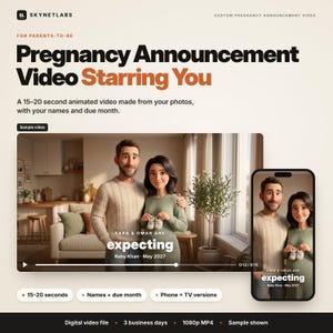 以下が含まれることがあります： 妊娠発表ビデオ作成サービスのデジタル広告。15〜20秒のアニメーションで、ベビーシューズを持つカップルが描かれています。テキストには「Pregnancy Announcement Video Starring You, Sara & Omar Are Expecting, Baby Khan May 2027」と記載されています。