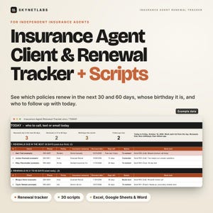 May include: A digital insurance agent client and renewal tracker spreadsheet template. The document features a dashboard with renewal counts, birthday alerts, and a detailed table listing client names, policy types, and status updates.