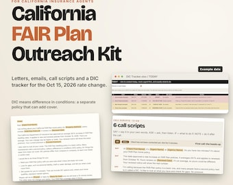 Może przedstawiać: Zestaw informacyjny California FAIR Plan dla agentów ubezpieczeniowych. Zawiera wzór listu, przykład arkusza kalkulacyjnego DIC tracker oraz 6 scenariuszy rozmów. Tekst zawiera Skynetlabs, California FAIR Plan Outreach Kit oraz szczegóły zmiany stawki z 15 października 2026 r.