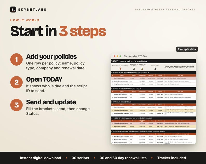 Insurance Agent Renewal Tracker + 30 Scripts (Excel, Google Sheets) image 6