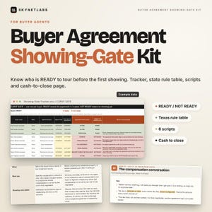 Może przedstawiać: Cyfrowy zestaw Buyer Agreement Showing-Gate Kit od Skynetlabs zawierający arkusz kalkulacyjny, tabelę zasad stanu Teksas, sześć skryptów i stronę dotyczącą rozliczeń gotówkowych. Dokument zawiera tekst dotyczący gotowości kupującego i zasad wynagrodzenia.