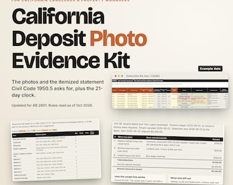 May include: A California Deposit Photo Evidence Kit for landlords and property managers, featuring a spreadsheet of deduction cases, a checklist of 22 photo areas, and an itemized statement example, all updated for AB 2801 rules as of Oct 2026.