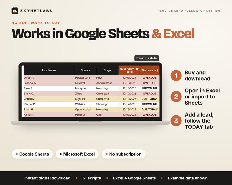 Realtor CRM spreadsheet works in Google Sheets and Excel, instant download